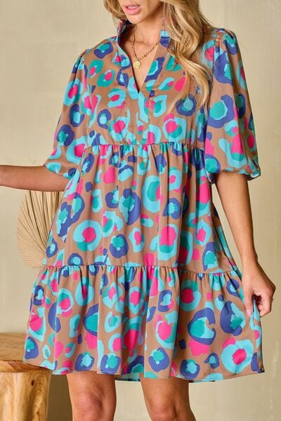 Notched Balloon Sleeve Mini Dress - Trendsi