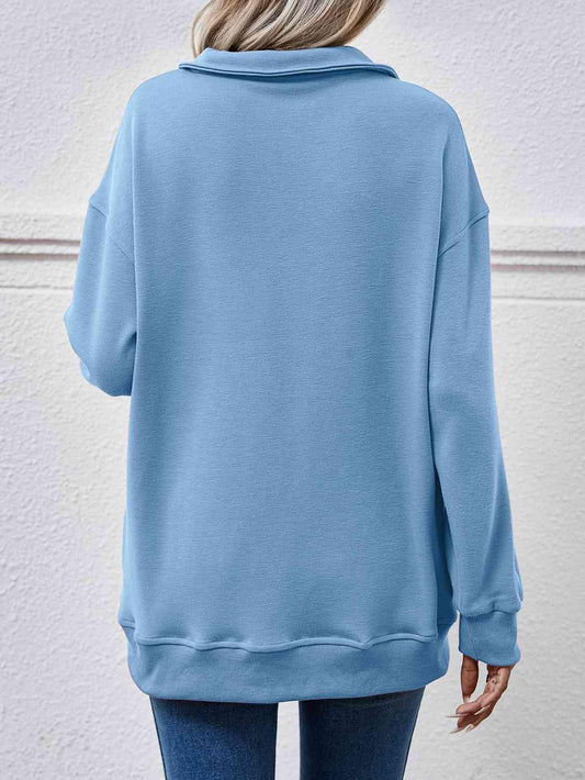 Collared Neck Dropped Shoulder Sweatshirt - Trendsi