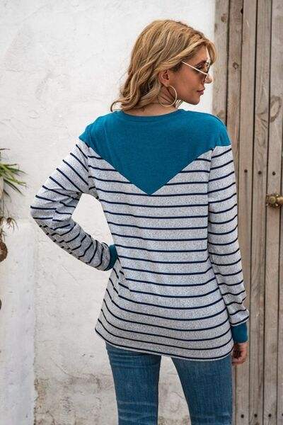 Striped Round Neck Long Sleeve T-Shirt - Trendsi - Flyclothing LLC