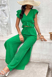 V-Neck Ruffle Hem Top and Slit Pants Set - Trendsi - Flyclothing LLC