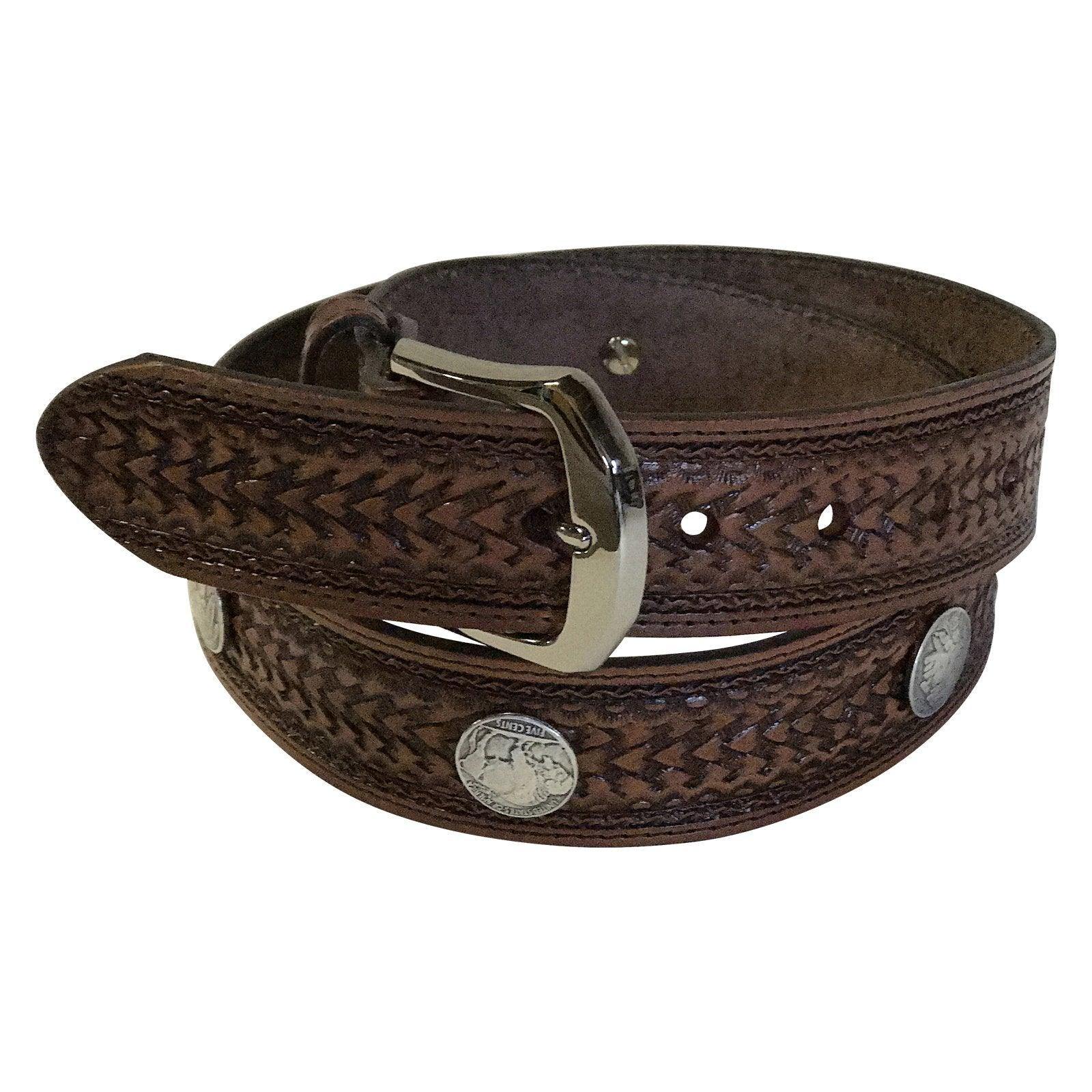 Tooled Basket Weave Genuine Leather Western Belt with Buffalo Nickels –  Flyclothing LLC