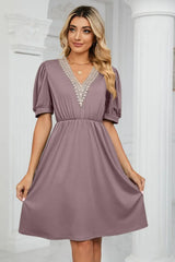 Contrast V-Neck Puff Sleeve Pocket Dress - Trendsi - Flyclothing LLC