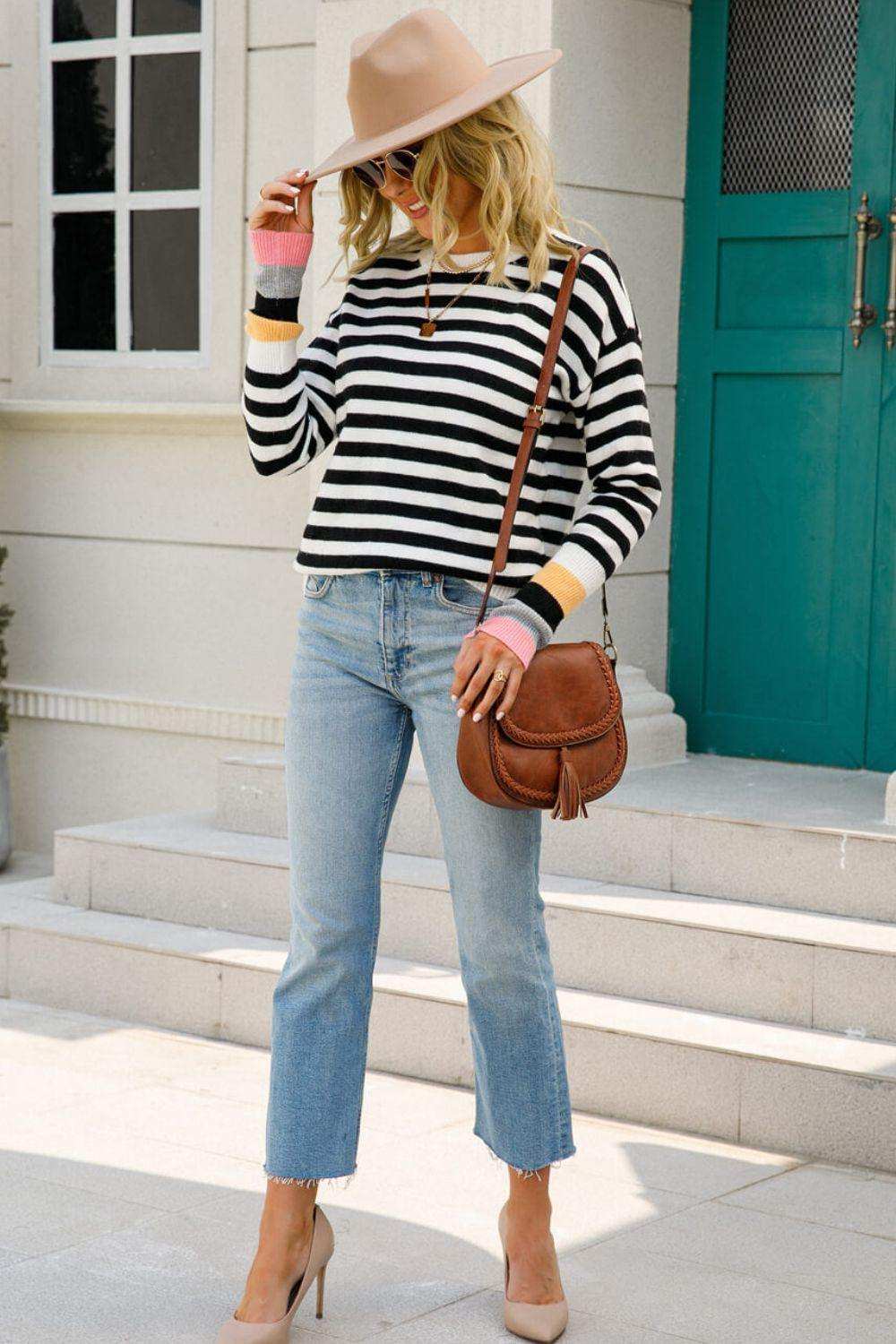 Warm Spice Striped Round Neck Sweater - Trendsi - Flyclothing LLC