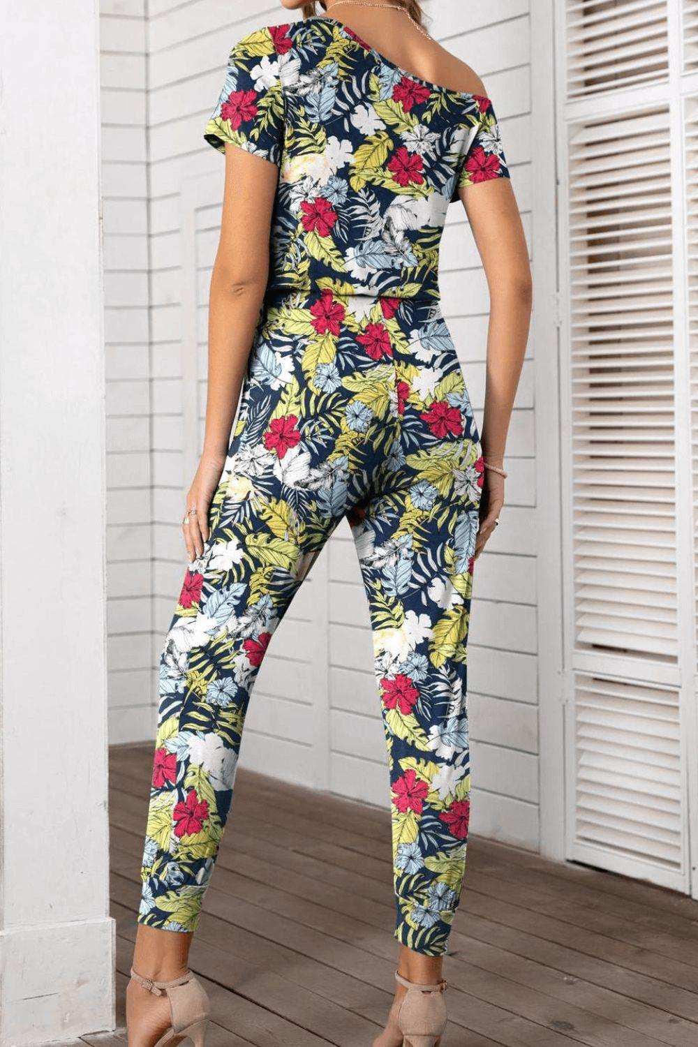 Asymmetrical Neck Short Sleeve Jumpsuit - Trendsi - Flyclothing LLC