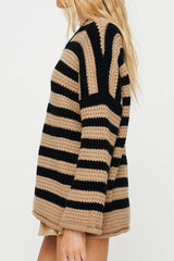 Striped Round Neck Dropped Shoulder Sweater - Flyclothing LLC