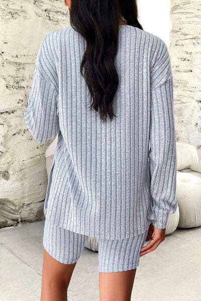 Ribbed Round Neck Dropped Shoulder Top and Shorts Set - Trendsi - Flyclothing LLC
