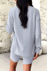 Ribbed Round Neck Dropped Shoulder Top and Shorts Set - Trendsi - Flyclothing LLC