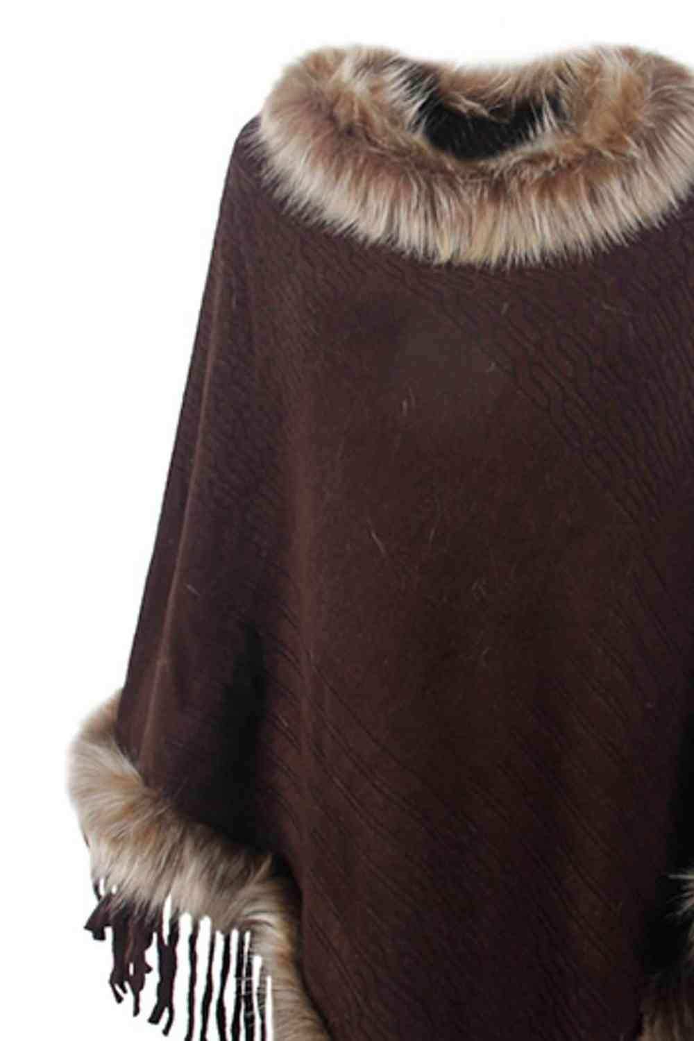 Faux Fur Trim Fringed Poncho - Trendsi - Flyclothing LLC