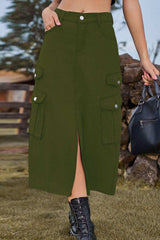 Slit Front Midi Denim Skirt with Pockets - Trendsi - Flyclothing LLC