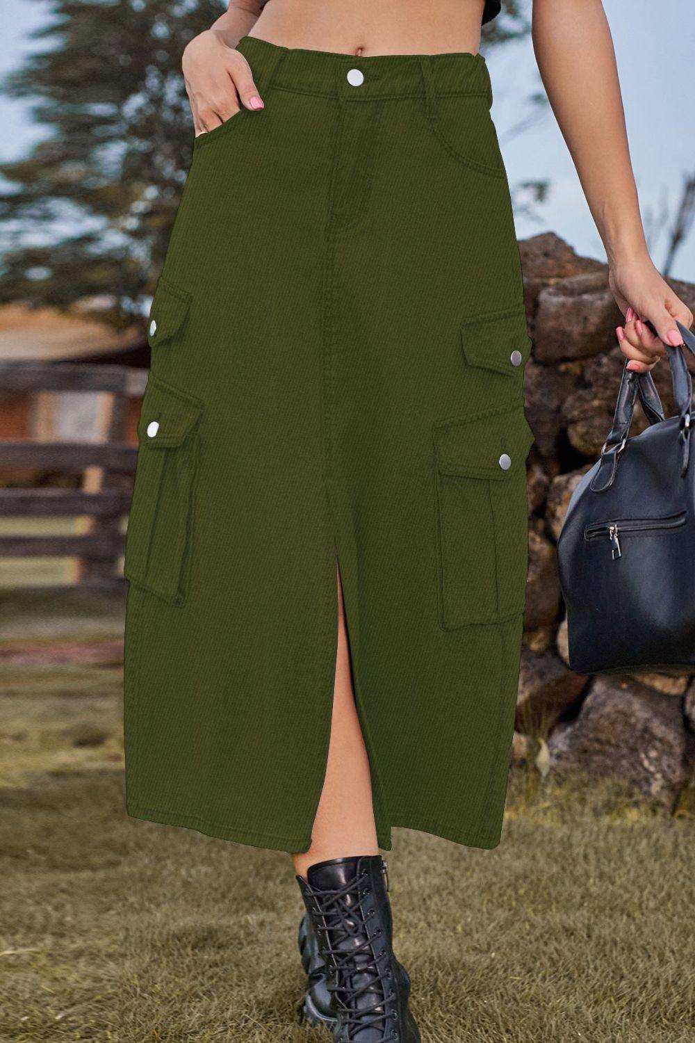 Slit Front Midi Denim Skirt with Pockets - Trendsi - Flyclothing LLC