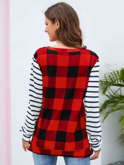 Plaid Striped Round Neck Long Sleeve T-Shirt - Trendsi