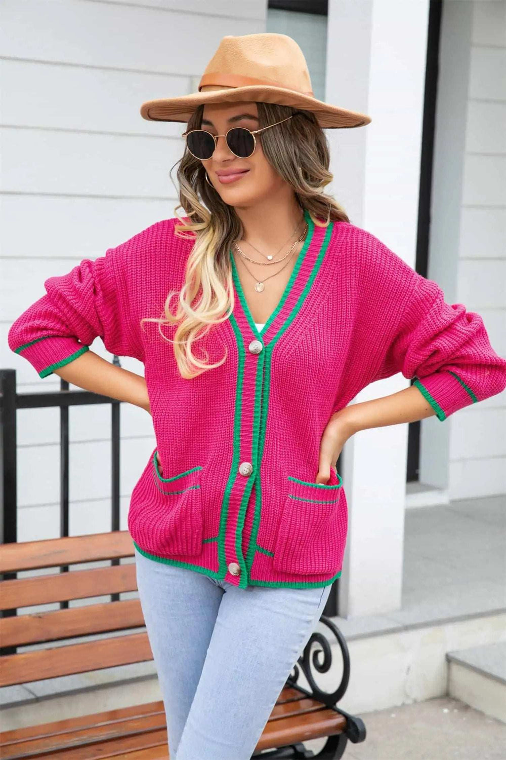 Waffle Knit V-Neck Cardigan with Pocket - Trendsi - Flyclothing LLC