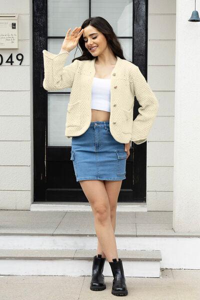 Button Up Long Sleeve Cardigan with Pockets - Trendsi