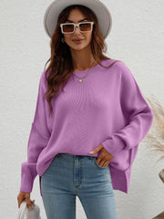 Exposed Seam Dropped Shoulder Slit Sweater - Trendsi