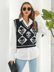 Skull Contrast V-Neck Sweater Vest - Flyclothing LLC