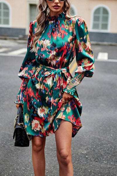 Printed Tie Waist Mock Neck Lantern Sleeve Dress - Trendsi - Flyclothing LLC