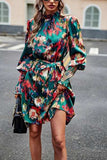 Printed Tie Waist Mock Neck Lantern Sleeve Dress - Trendsi - Flyclothing LLC