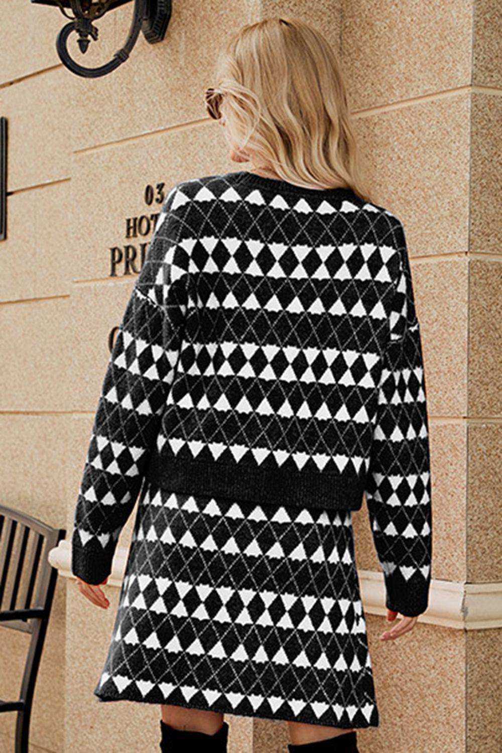 Geometric Dropped Shoulder Cardigan and Knit Skirt Set - Trendsi - Flyclothing LLC