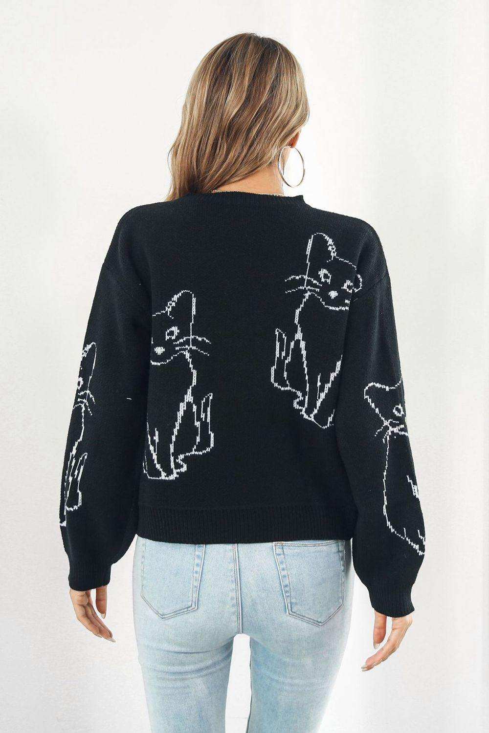 Cat Pattern Round Neck Long Sleeve Pullover Sweater - Trendsi - Flyclothing LLC