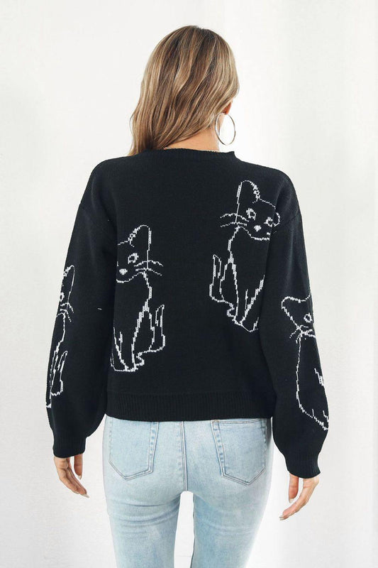 Cat Pattern Round Neck Long Sleeve Pullover Sweater - Trendsi