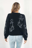 Cat Pattern Round Neck Long Sleeve Pullover Sweater - Trendsi