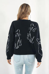 Cat Pattern Round Neck Long Sleeve Pullover Sweater - Trendsi