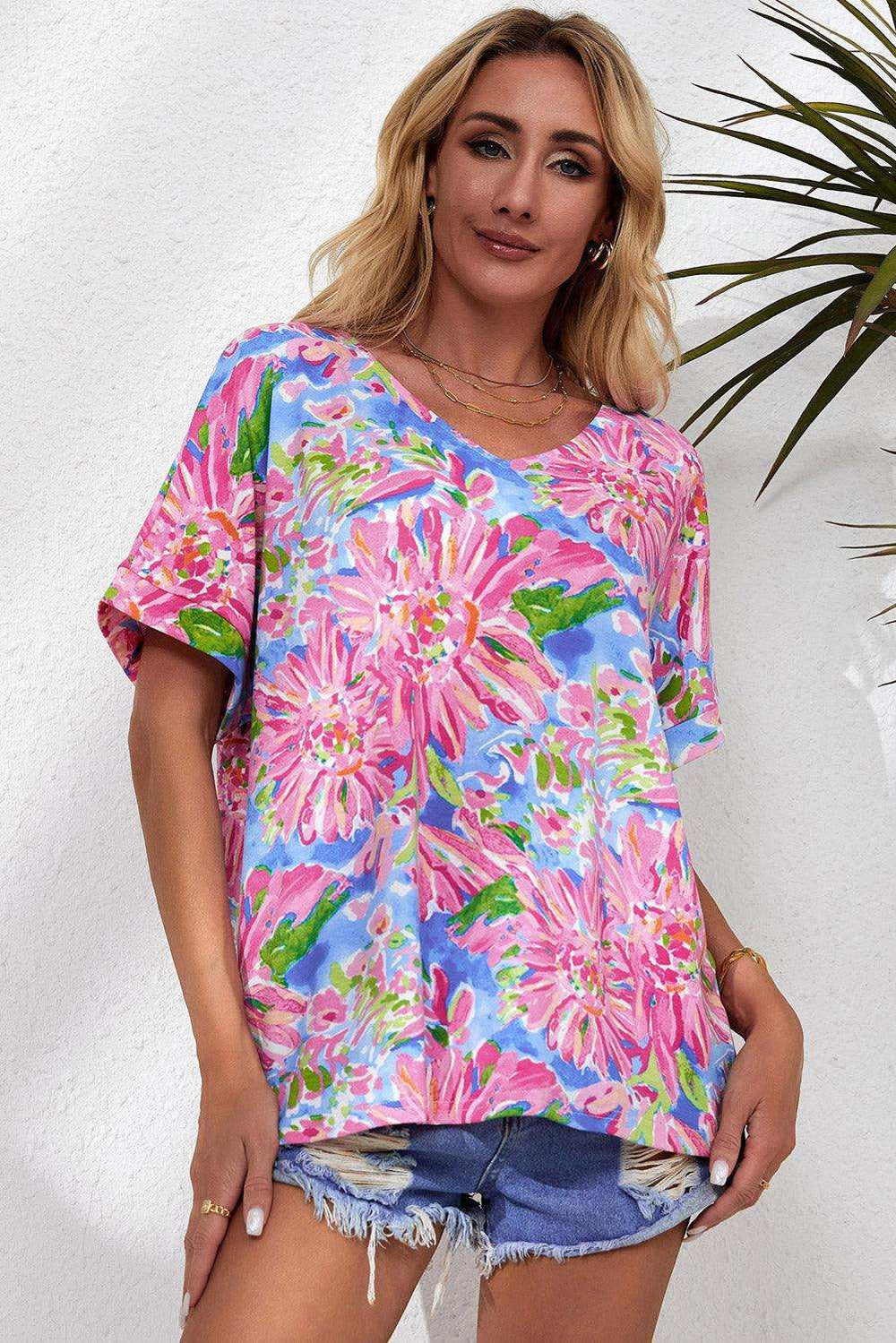 Floral V-Neck Short Sleeve Blouse - Trendsi - Flyclothing LLC