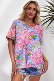 Floral V-Neck Short Sleeve Blouse - Trendsi - Flyclothing LLC