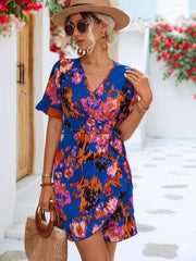 Printed Flounce Sleeve Tied Dress - Flyclothing LLC