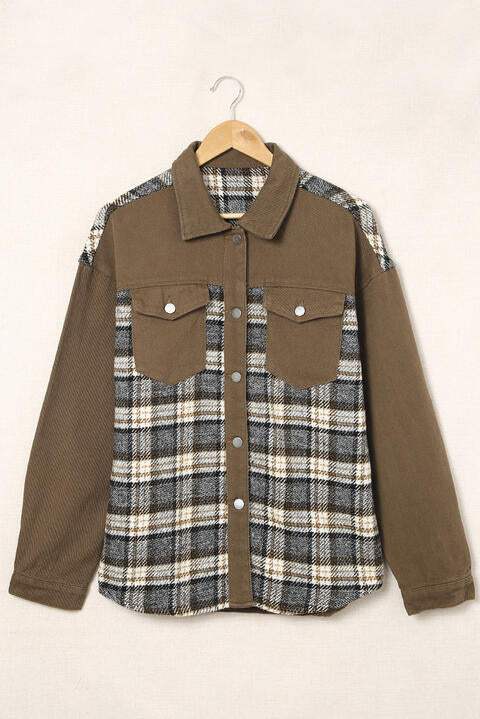 Plaid Collared Denim Jacket - Trendsi - Flyclothing LLC