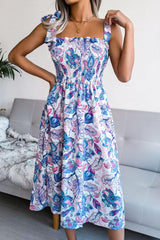Floral Tie Shoulder Smocked Midi Dress - Flyclothing LLC