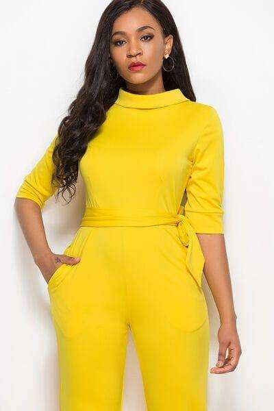 Mock Neck Tie-Waist Half Sleeve Jumpsuit - Trendsi - Flyclothing LLC