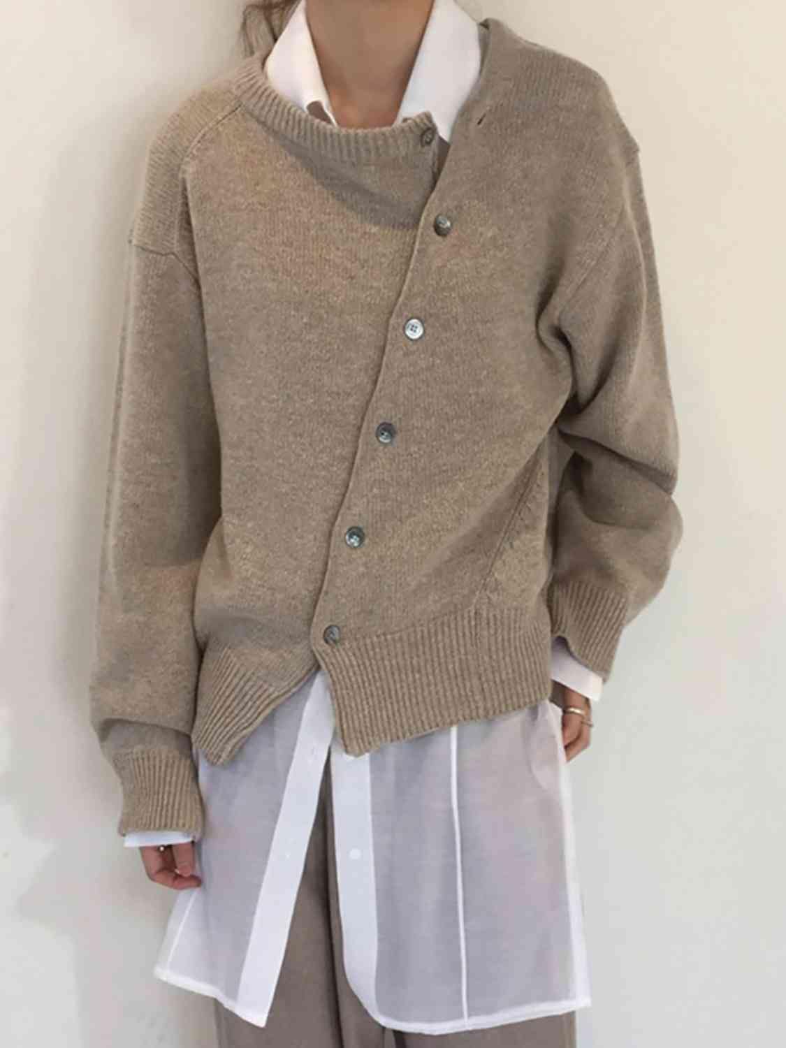 Dropped Shoulder Buttoned Cardigan - Trendsi