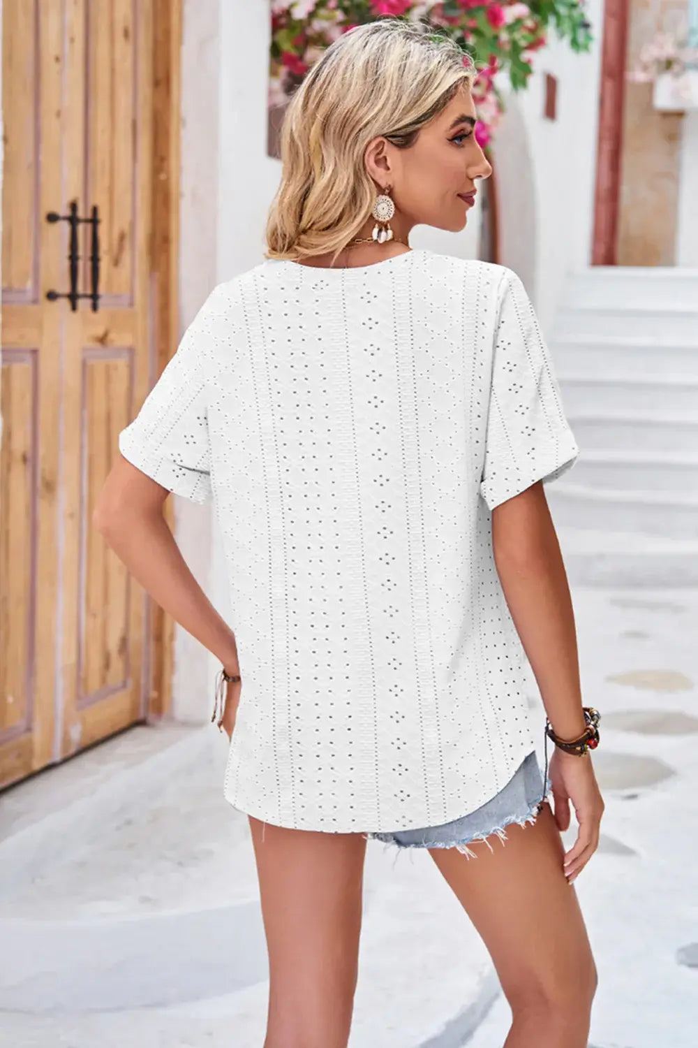 Buttoned Notched Neck Eyelet Top - Trendsi - Flyclothing LLC