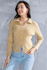 Ribbed Long Sleeve Slit Distressed Sweater - Trendsi