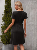 Tied Notched Short Sleeve Dress - Trendsi - Flyclothing LLC