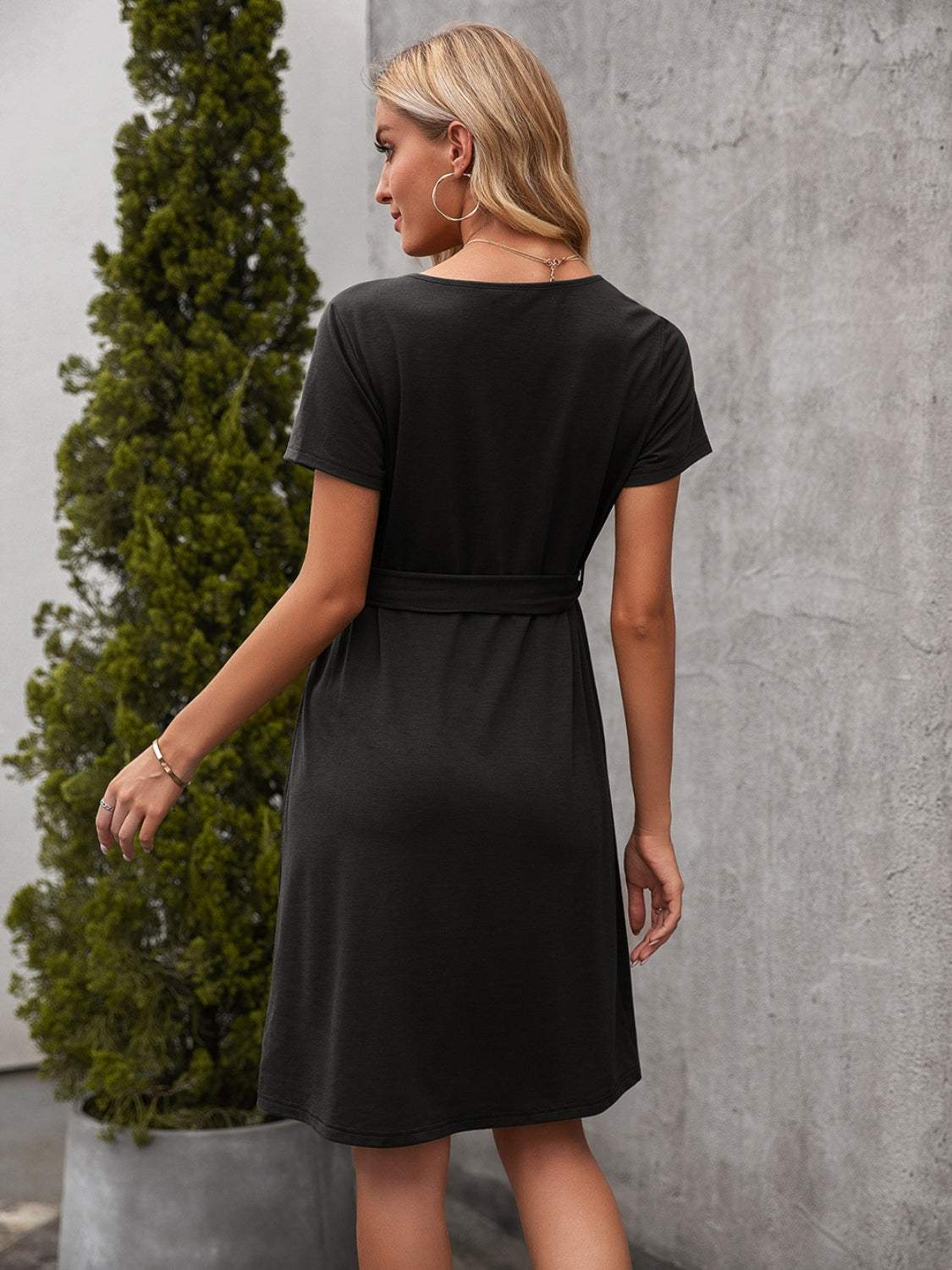 Tied Notched Short Sleeve Dress - Trendsi - Flyclothing LLC