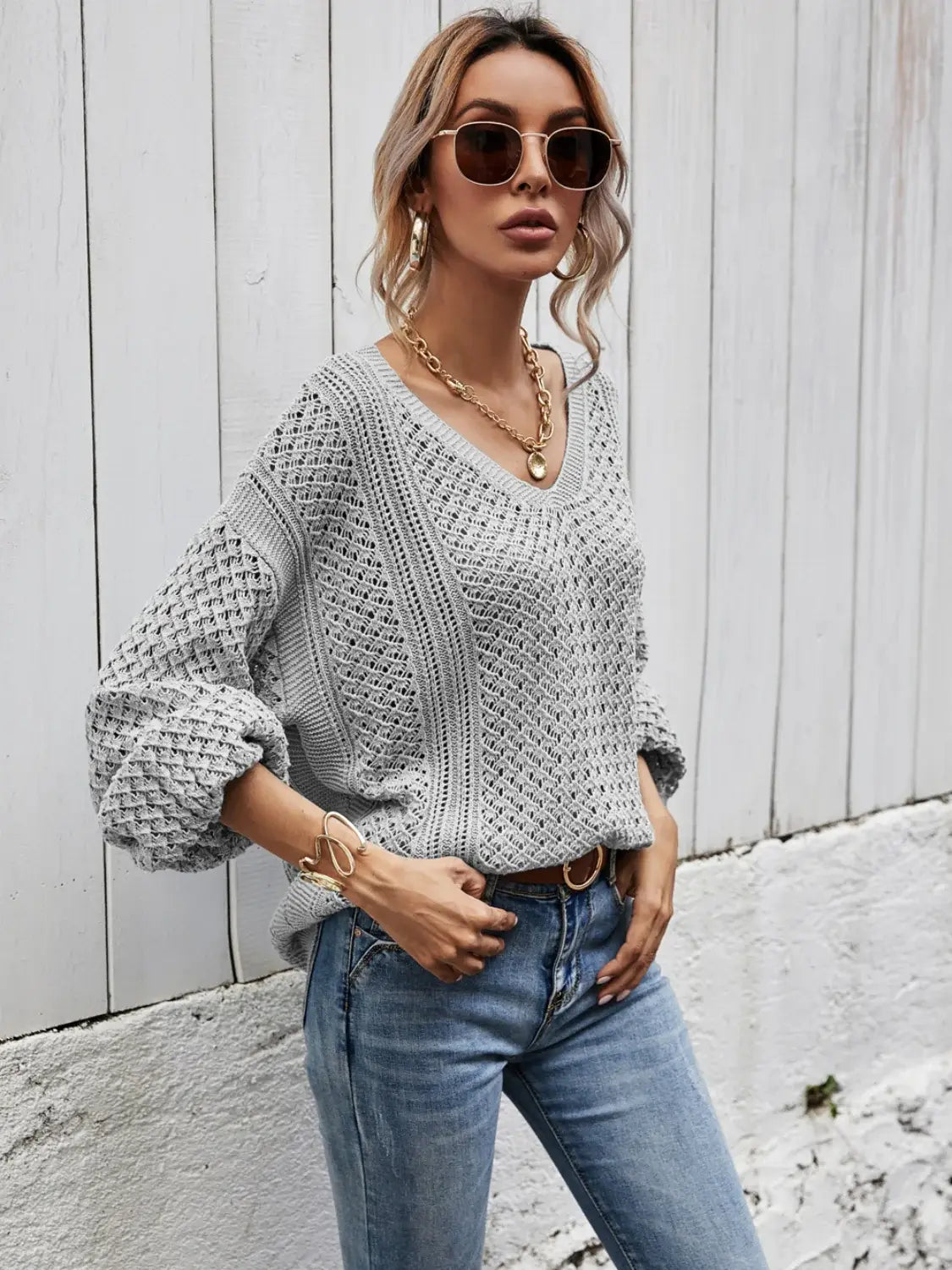 V-Neck Dropped Shoulder Sweater - Trendsi - Flyclothing LLC