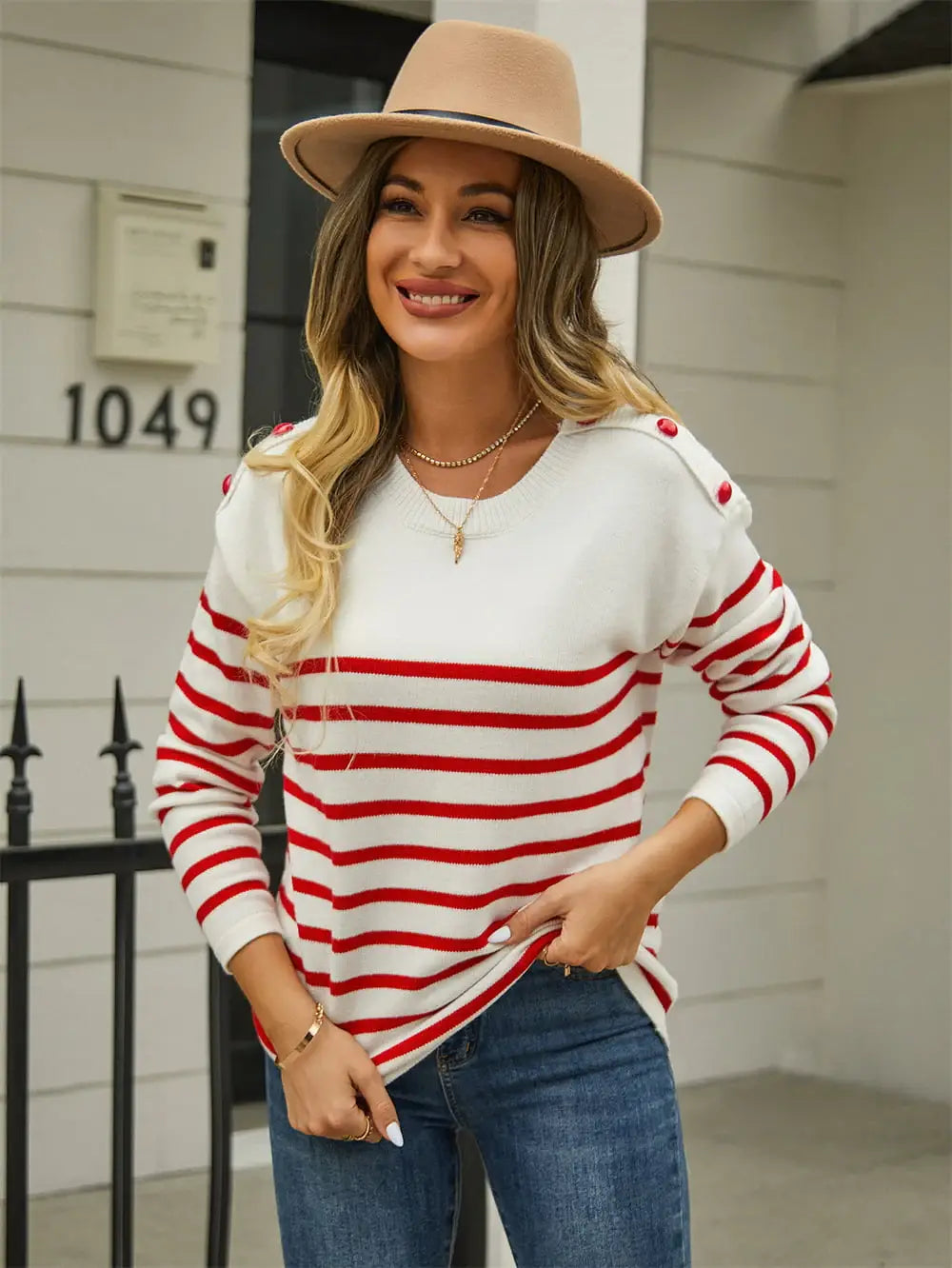 Round Neck Shoulder Button Striped Pullover Sweater - Trendsi - Flyclothing LLC
