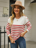 Round Neck Shoulder Button Striped Pullover Sweater - Trendsi - Flyclothing LLC