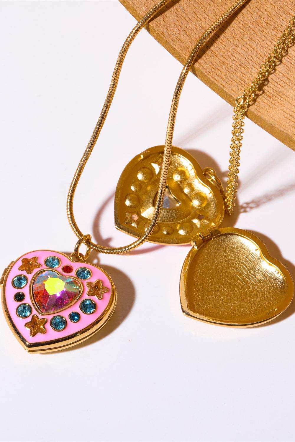 Rhinestone Decor Heart Box Pendant Necklace - Trendsi - Flyclothing LLC