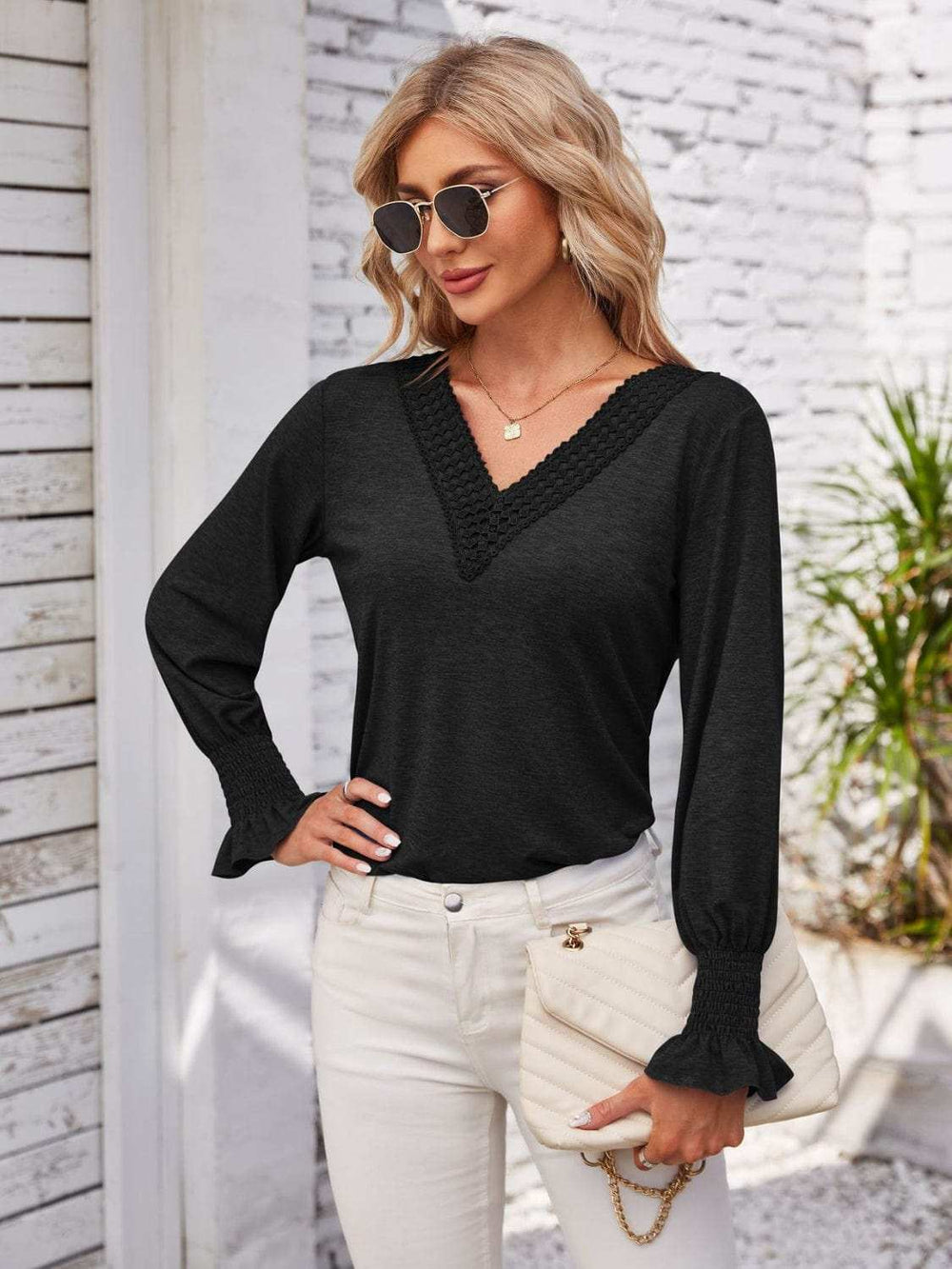 Smocked V-Neck Long Sleeve Blouse - Trendsi - Flyclothing LLC