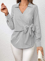 Bow Tie Waist Johnny Collar Neck Striped Blouse - Trendsi - Flyclothing LLC