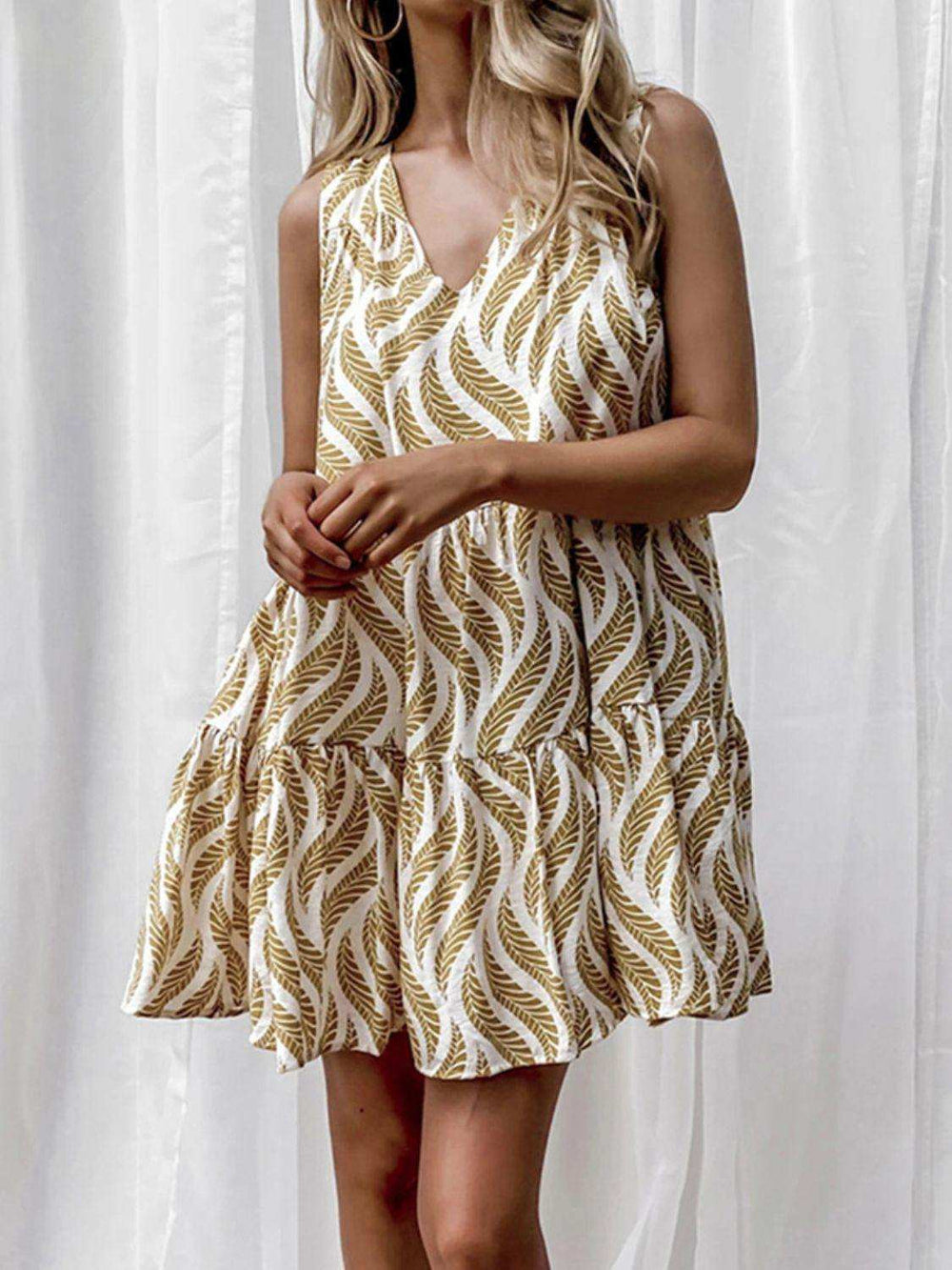 Printed V-Neck Sleeveless Mini Dress - Trendsi - Flyclothing LLC