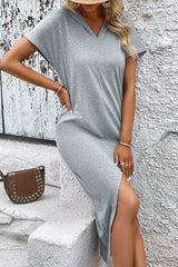 Short Sleeve Front Slit Hooded Dress - Trendsi - Flyclothing LLC