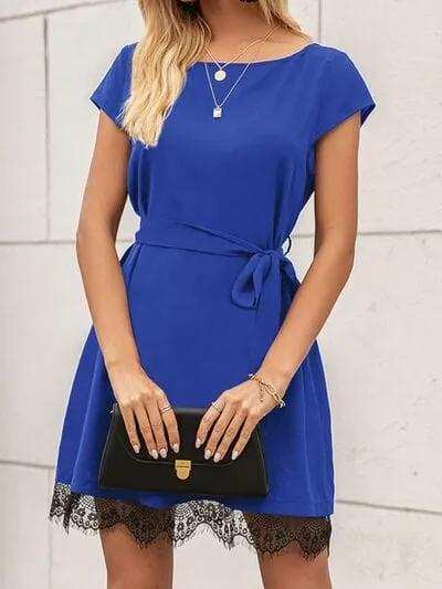 Lace Detail Tied Cap Sleeve Mini Dress - Trendsi - Flyclothing LLC