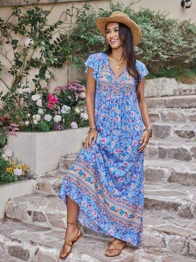 Ruffled Printed Tie Neck Cap Sleeve Dress - Trendsi - Flyclothing LLC