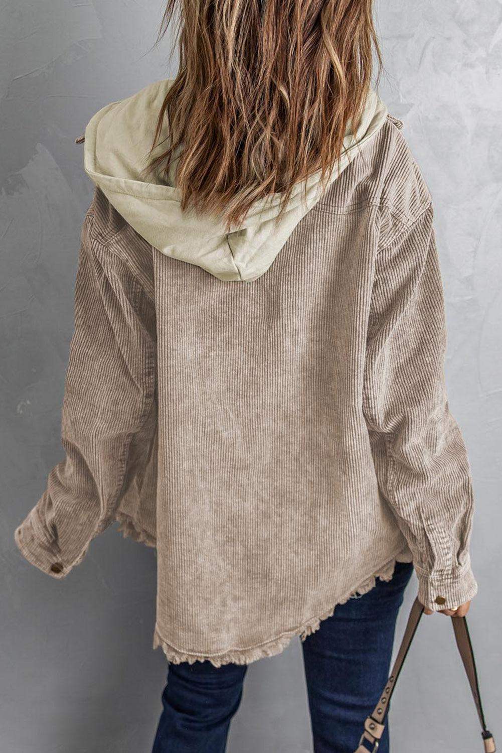 Snap Front Hooded Corduroy Shacket - Trendsi - Flyclothing LLC