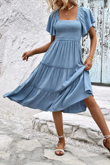 Smocked Square Neck Frill Trim Dress - Trendsi - Flyclothing LLC