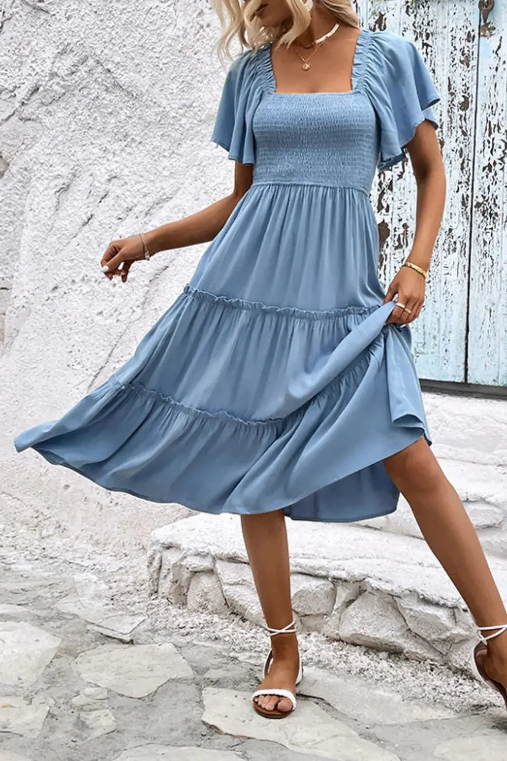 Smocked Square Neck Frill Trim Dress - Trendsi - Flyclothing LLC